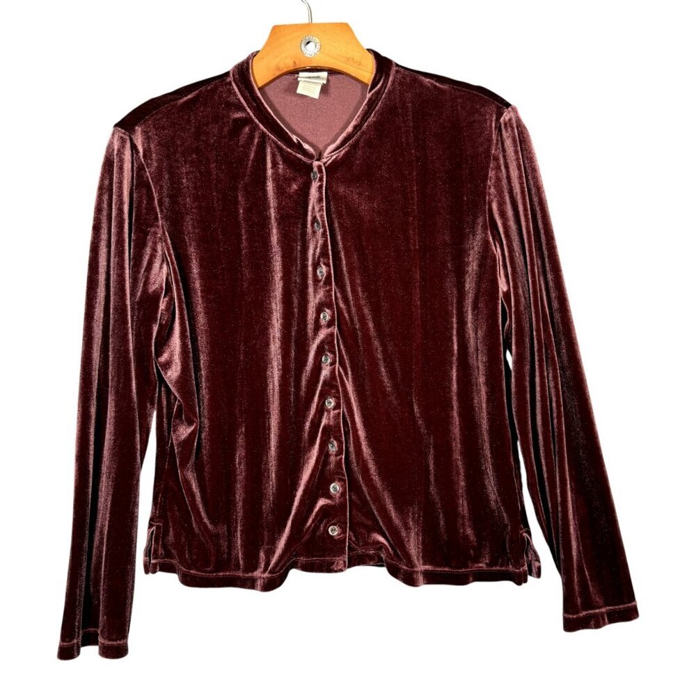 J. Jill Stretch Velvet Button Down Top Burgundy Dark Coquette Romantic S